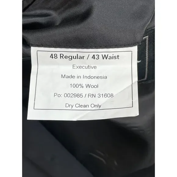 Jos A Bank Suit Men 48R Black 100% Wool 2-Button Pants 43 x 31 - 2 Piece Set